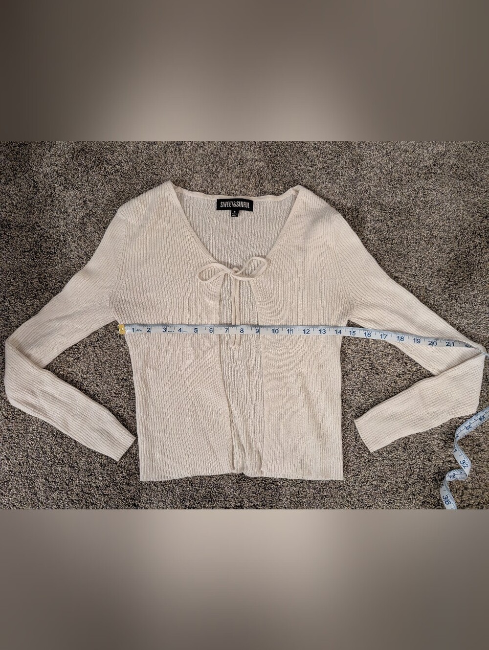 Sweet & Sinful Cream Ribbed Tie-Neck Knit Top Size Small